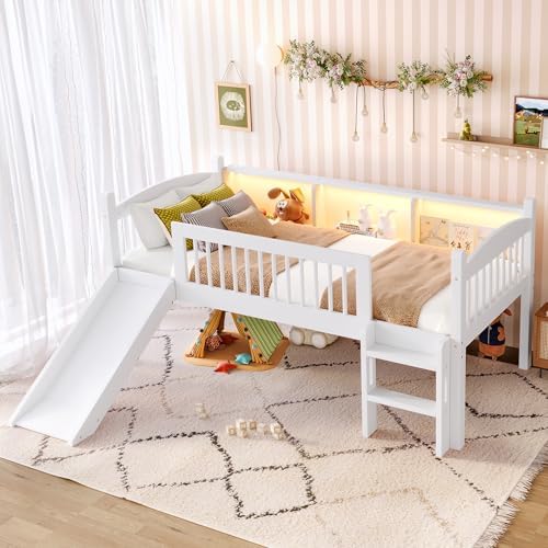 Bellemave Twin Loft Bed with Slide and Ladders, Solid Wood Low Loft Bed with Storage Shelves and LED Lights, Loftbed Frame for Kids, Boys, Girls, Childlike and No Box Spring Needed Design, White