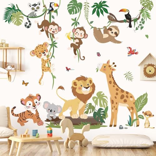 decalmile Jungle Animals Climbing Tree Safari Animal Wall Decals Stickers