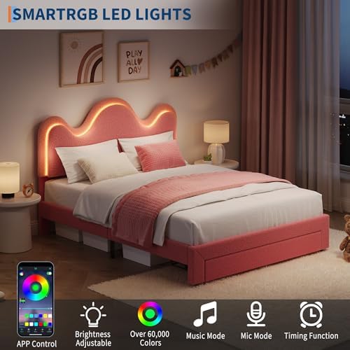 IDEALHOUSE Queen Bed Frame with LED Headboard and Under-Bed Drawer, Metal