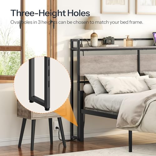 HOOBRO Queen Size Headboard, Headboard with 2 Outlets and 4 USB Ports, Adjustable Height, Storage Rack, Sturdy and Stable, Easy Assembly, Greige and Black