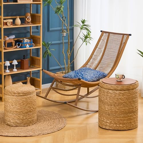 Nested Set Round Pouf Ottomans Handwoven Natural Grass Pouffe Rattan Stool