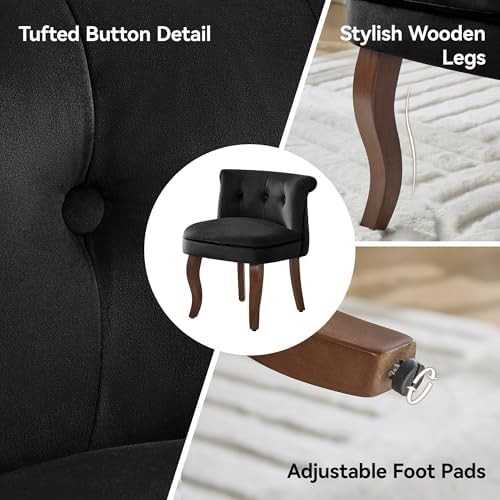 WUTUTUEE Velvet Vanity Chair with Back, Tufted Upholstered Vanity Stool with Solid Wood Legs, Mid Century Small Makeup Chair for Vanity, Accent Chair for Bedroom, Living Room, Black