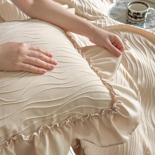 Vintage Ruffled Duvet Cover Twin XL Size - 3Pcs Khaki Wavy Jacquard Bedding