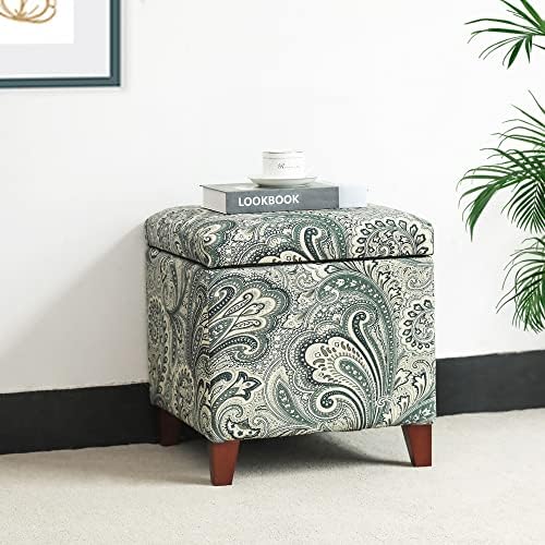 Adeco 18" Cube Storage Ottoman in Blue Paisley, Upholstered Linen Foot Stool & Accent Chair for Entryway, Vanity or Small Spaces