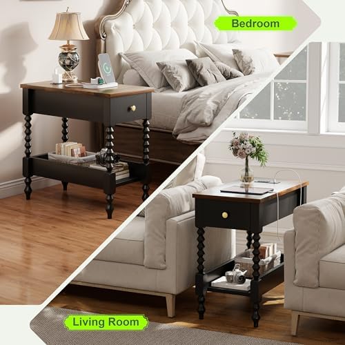 YOSHOOT Farmhouse End Table with Charging Station, Narrow Side Table