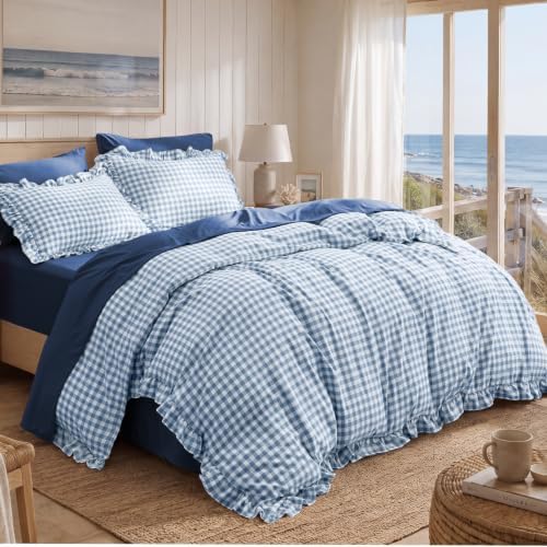 Bedsure Gingham Ruffle Duvet Cover Set, King, Cotton-Like Quilt Cover, Blue