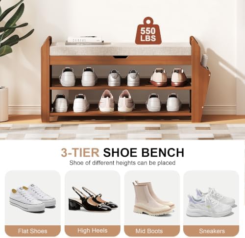PETKABOO 31.5" Shoe Bench with Coat Rack Hidden Drawer and Side Holder, 2 Tier Entryway Bench with Storage, Bamboo Shoe Rack with Cushion for Entryway Hallway Living Room Bedroom