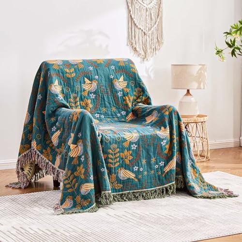 XIBLC Boho Throw Blanket, 100% Cotton Ultra Soft Luxury Throw Rustic Quilt, 80"x90" Floral Printed Farmhouse Decor Bed Summer Blankets, All Season Rustic Reversible Bohemian Throw for Bed - Blue