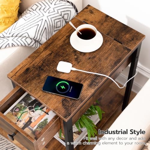 HOOBRO End Table with Charging Station, Narrow Side Table, Small Nightstand, Bedside Tables with Drawer and Storage Shelves, for Small Spaces, Living Room, Bedroom, Rustic Brown and Black BF041BZ01G1