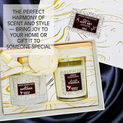 Moira's Bazaar Elysian Essence Aromatherapy Gift Set – Luxury Candle and Flower Reed Diffuser – Perfect Scented Gift for Thanksgiving & Christmas, Gifts for Women (Amber Temptation)
