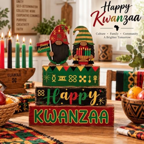 Yuntau 4 Pcs Happy Kwanzaa Books Table Decor Black Gnome Stacked Signs