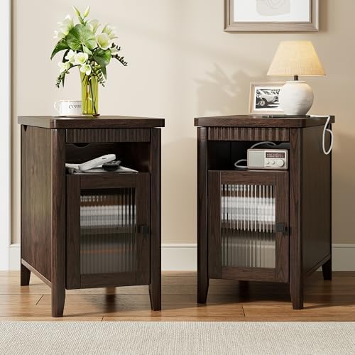 iPormis End Table Set of 2 with Charging Station, Narrow Side Table for Living Room, Farmhouse Night Stand with Storage Cabinet, Wood Bedside Table for Bedroom Small Space, Walnut