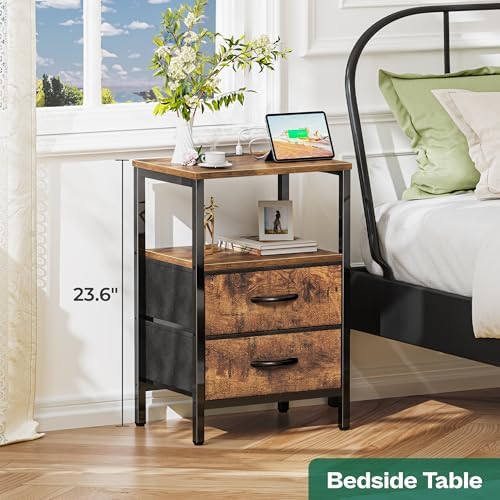 Huuger Nightstand with Charging Station, Side Table with Fabric Drawers