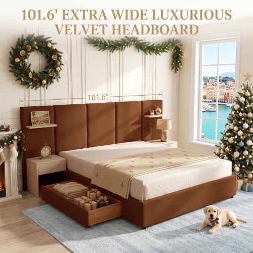 Queen Size Bed Frame with Storage & Built-in Nightstands & Drawers, Ocher