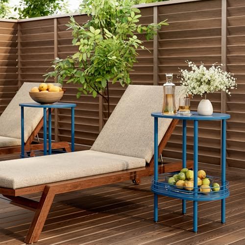 Small Oval Side Table with Storage, 2-Tier Blue End Table for Small Space