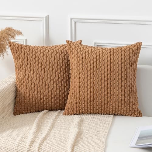 Kevin Textile Soft Corduroy 26x26 Inch Pillow Covers 2 Pack, Khaki