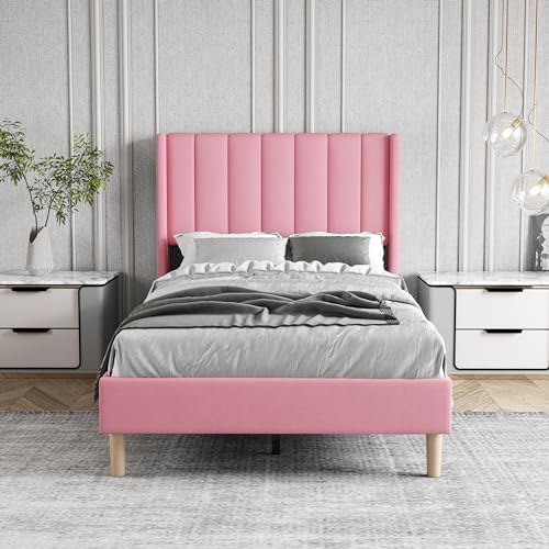 Twin Size Bed Frame with Velvet Upholstered Headboard, Pink