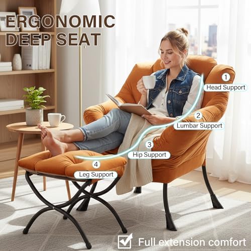 Welnow Lazy Chair with Ottoman, Reading Chair with Footrest, Reddish Brown