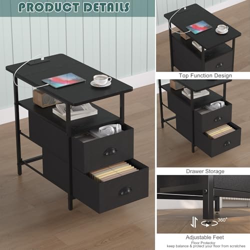 sthmec End Table with Charging Station, Narrow Side Table with 2 Drawers, Nightstands with Drawers, USB Ports & Power Oulets,Slim Sofa Side Tables for Small Spaces,Living Room,Bedroom,Black