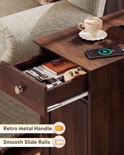 WLIVE Nightstand with Charging Station, Wood Bedside Table with Drawer and Storage Cabinet, Narrow End Tables with Hidden 2 USB Ports and 2 Outlets, Side Table for Bedroom, Espresso