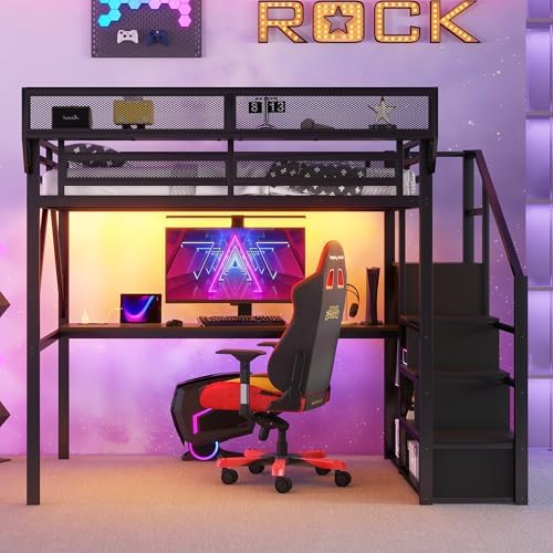 Full Size Metal Loft Bed Frame with Desk, Staircase, Built-in Storage Shelves and Wardrobe, Modern Loft Bed with Solid Slats, Guardrail, No Box Spring Required, Easy Assembly, for Bedroom, Black