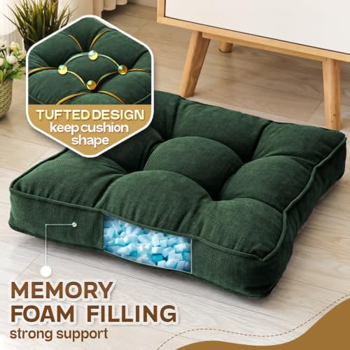 MIDDLE ONE Floor Pillow Set of 2, Memory Foam Cushion 22x22 – Square, Dark Green