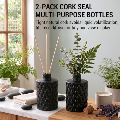 MyGift Black Glass Reed Diffuser Bottles with Cork Lids, Set of 2