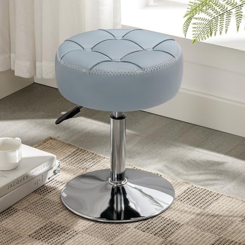 LUE BONA Height Adjustable Vanity Stool 15.8"-20.7", 360° Swivel Grayish Blue Faux Leather Chair, 300lb Capacity for Makeup Room, Bathroom