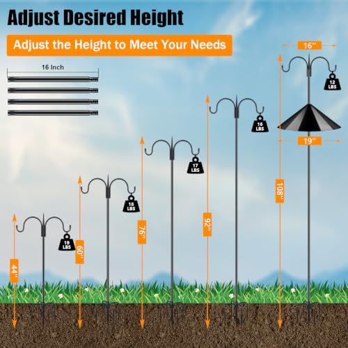 FEED GARDEN Heavy Duty Shepherds Hook Squirrel-Proof Bird Feeder Pole 108" Double Hooks 5-Prong Base & 19" Baffle for Outdoor Feeders & Plants