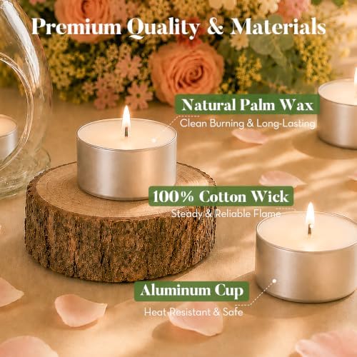 Ashlux 100-Pack Unscented Palm Wax Tea Lights Candles,8 Hours Burn