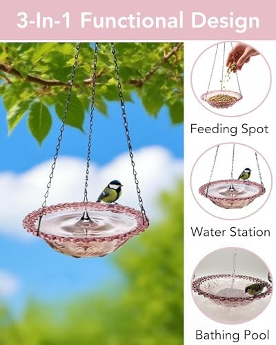 2 Pack Hanging Bird Baths and Feeders for Outdoors, Plastic Bird Bath Bowl & Hanging Feeder for Garden Yard Decor,Lilac Purple