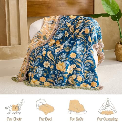 VANJOROY Boho Throw Blanket, 100% Organic Cotton Breathable Ultra Soft 80" x 90" Bed Quilt Throw - All Season Floral Rustic Farmhouse Decor Luxury Reversible Blanket for Sofa Couch Chair and Gift