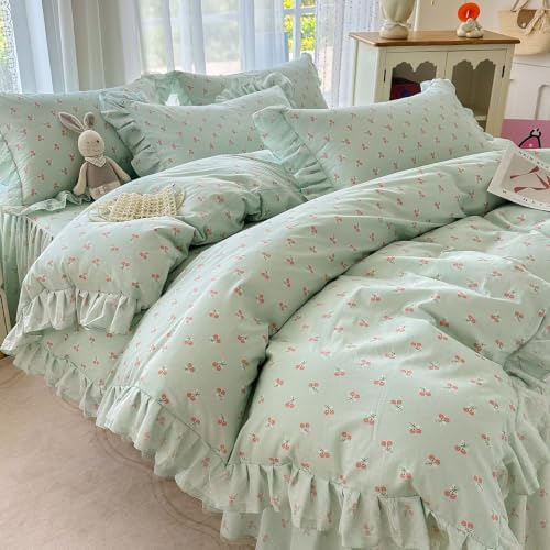 Green Cherry Duvet Cover Full Size with 2 Pillowcases,Cute Bedding