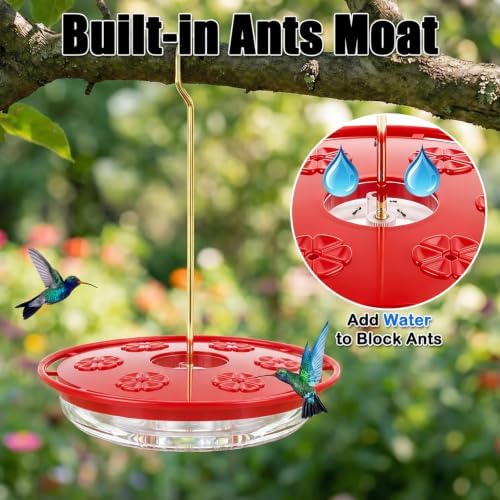 FEED GARDEN Saucer Hummingbird Feeders for Outdoors Hanging, 2 Pack 16oz Leak-Proof Nectar Feeder with Bee Guards Built-in Ant Moat, 6 Feeding Ports, Wide Mouth Easy Refill & Clean, BPA-Free,Red