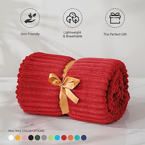 BEDELITE 3D Ribbed Jacquard Red Fleece Throw Blanket for Couch, 50x60 Inch