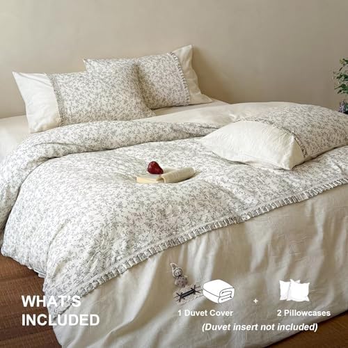 Floral Full Size Duvet Cover with 2 Pillowcases,80"×90",Cotton Linen