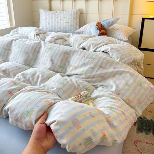Boys Fish Duvet Cover Set Muslin Cotton,Queen(90"x90"),Blue Striped