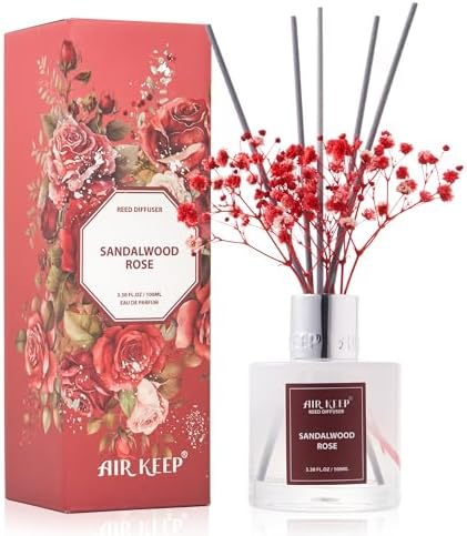 Airkeep Reed Diffuser Set,3.38 fl oz (100 ml) - Sandalwood Rose Oil Diffusers with 8 Reed Sticks,Home Fragrance Reed Diffuser for Bathroom Shelf Decor