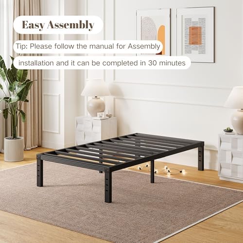 Twin XL Bed Frames with Heavy Duty Steel Slat, 14 Inches Platform Bed Frame, Non-Slip Design, No Box Spring Needed, Easy Assembly, Quiet Noise Free, Under Bed Storage Space, Black