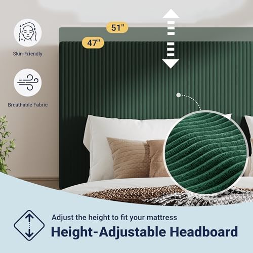 Allewie Queen Bed Frame, Corduroy Tufted Headboard, Dark Green