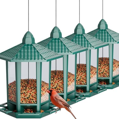 Birdream 4 Pack Bird Feeders for Outdoor Hanging, 10 LB Fun Installation Retro Pagoda Design Bird Feeder, Attracting Wild Birds Chickadees Goldfinches Cardinals Finches and Sparrows (Green)