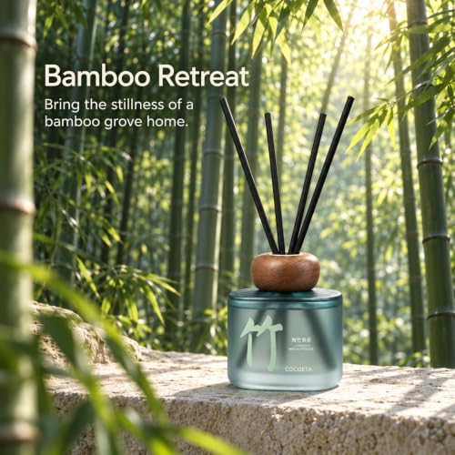 Bamboo Reed Diffuser, 5.9 Fl Oz – Fresh Green Floral Home Fragrance for Up to 90 Days - Reusable, Refillable Glass Holder - Includes 4 Natural Reed Sticks - Flame Free