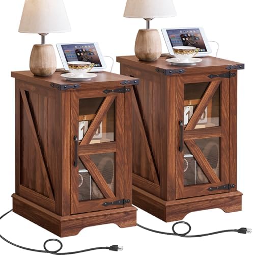 Joaxswe Narrow Night Stand Set 2 with Charger Station, Glass Barn Door