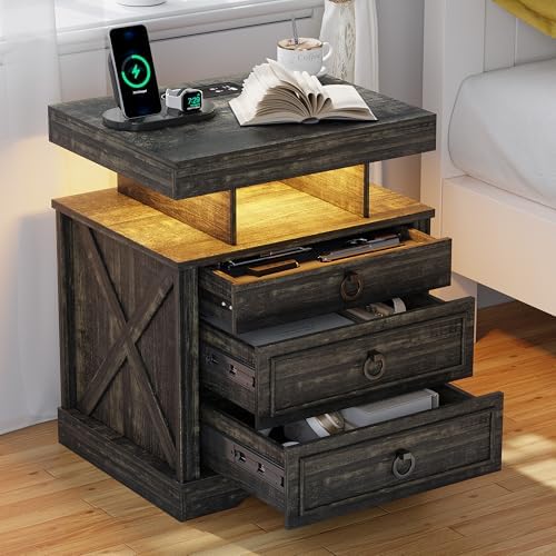 HNEBC Gun Nightstand with Charging Station&LED Lights for Bedroom,Brown