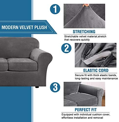 H.VERSAILTEX Rich Velvet Stretch 2 Piece Cover Chair Slipcover Sofa Cover Furniture Protector Couch Soft with Elastic Bottom Chair Couch Cover with Arms Width Up to 49 Inch(Chair,Grey)