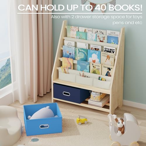 EXPERLAM 4 Tier Kids Bookshelf with Storage Bins, Solid Wood Toddler Book Shelf and Toy Organizer, Sling Book Rack for Kids Room, Nursery, Playroom, Blue