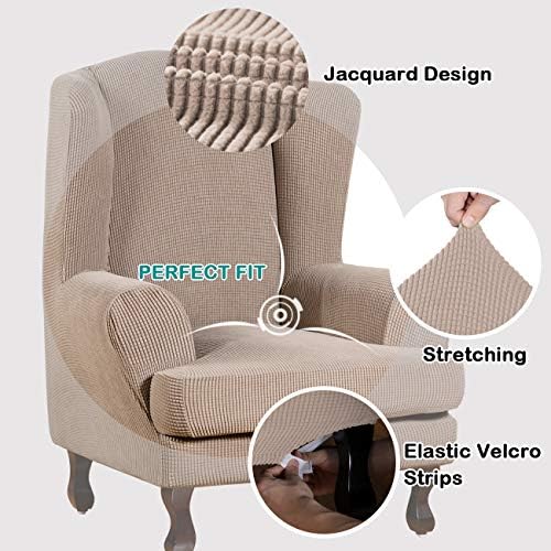 Turquoize Wingback Chair Covers 2 Piece Wing Chair Slipcover Stretch Slipcovers for Wingback Chairs Wing Chair Cover Spandex Jacquard Fabric with Elastic Bottom Non-Slip Furniture Cover, Sand