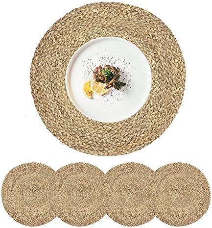 Woven Placemats for Dining Table Set of 4, 100% Natural Straw, Rustic Round Placemats Farmhouse Table Mats Rattan Wicker Placemats Hand Braided Place Mats for Indoor Outdoor, 14.17“