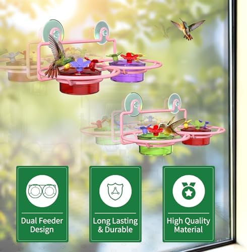 Dreamdrawer 2 Pack Window Hummingbird Feeder, Small Hummingbird Feeder for Outdoors with Strong Suction Cup - Metal Base & 6 Feeding Ports, Easy to Clean and Refill, Pink