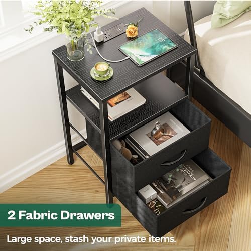 Huuger Nightstand with Charging Station, Side Table with Fabric Drawers